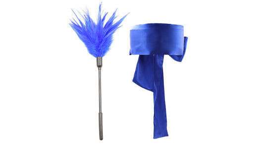 Blindfold and blue feather pole for maximum stimulation