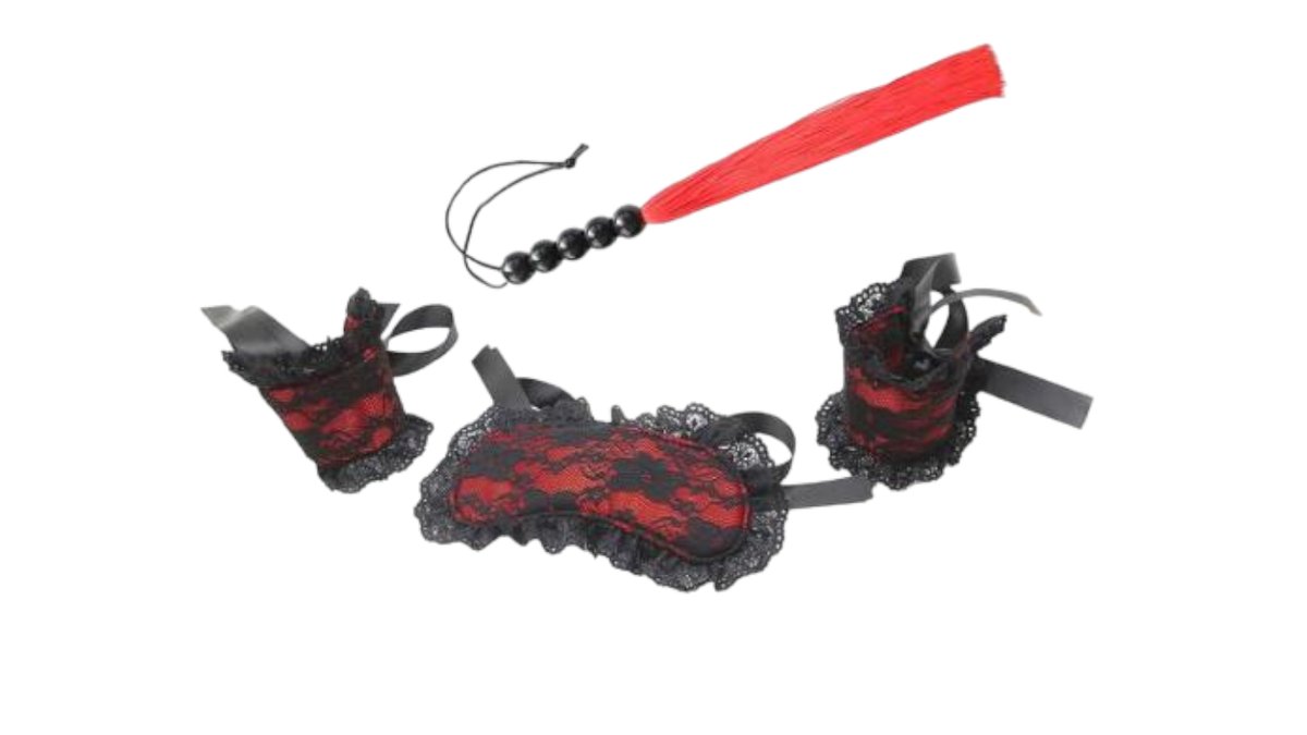 Red black lace set with whip